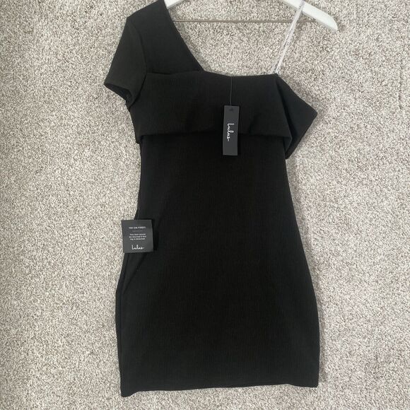Lulus Sultry Side Black Ribbed One-shoulder Bodycon‎ Mini Dress - Small NWT - Picture 6 of 9